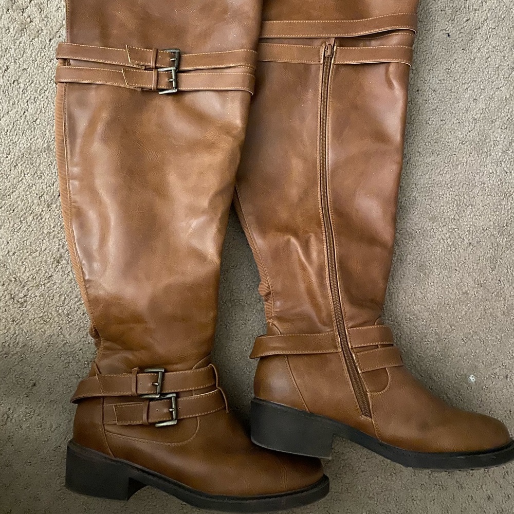 Cognac over the knee wide calf boots